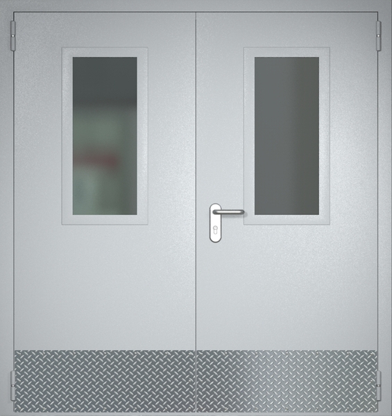 Двупольная противопожарная дверь Ei-60 со стеклами, отбойниками и ручками Антипаника